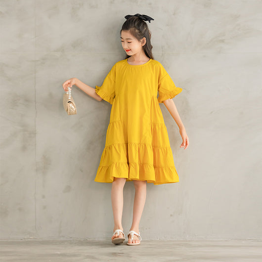 Vestido Amarillo Infantil de Color Liso con Mangas Coquetas - Image 4