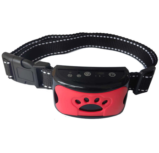 Black anti-barking device with a red paw print design, attached to a black nylon dog collar with reflective stitching. - Image 6
