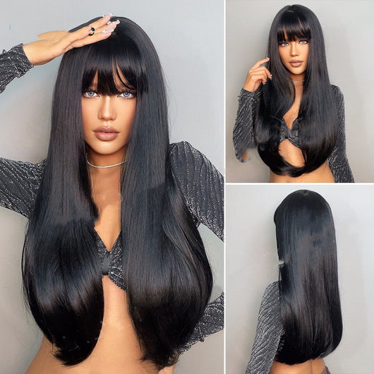 Peluca Larga Lisa Negra con Flequillo - Cabello Sintético Premium - Image 2