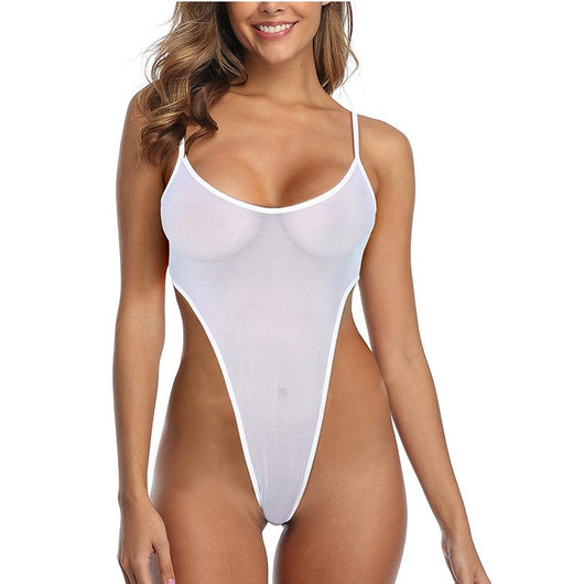 Sheer white high-cut one-piece swimsuit with spaghetti straps modeled on a woman.