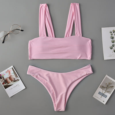 Dark green two-piece swimsuit with a bandeau top featuring horizontal ruching and high-cut bikini bottoms. - Image 13
