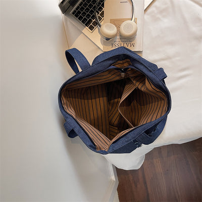 Bolsa Tote de Mezclilla Lavada con Patrón Escocés y Gran Capacidad - Image 22