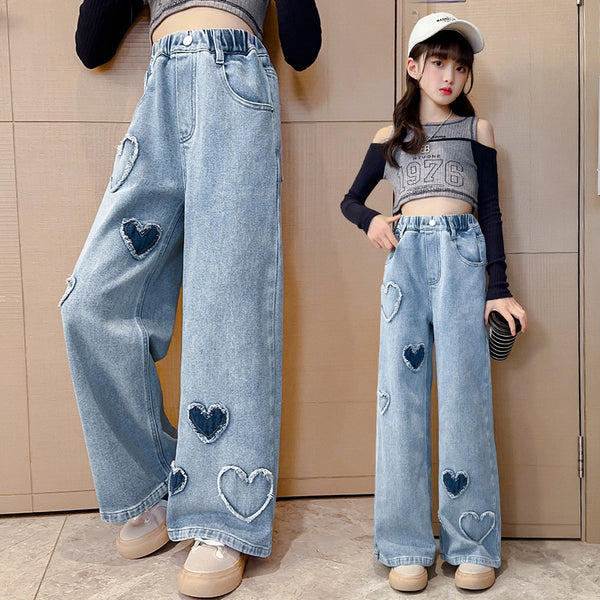 Pantalones Denim Anchos con Borde Crudo para Niñas