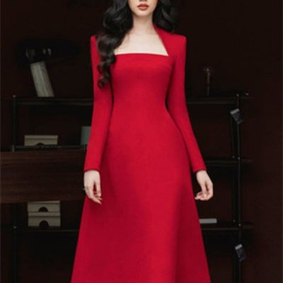 Vestido Largo Rojo de Manga Larga para Mujer - Image 7