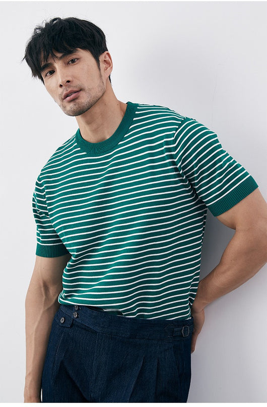 Camiseta Tejida de Cuello Redondo con Rayas para Hombre - Image 13