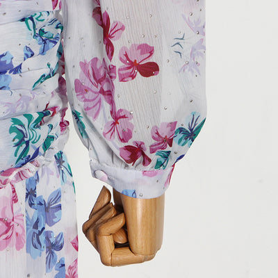 Vestido Estampado con Cuello Mao y Mangas Globo Plisadas - Image 6