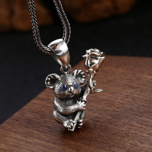 Collar de Plata Esterlina con Diseño de Koala y Flor de Rosa para Hombre y Mujer