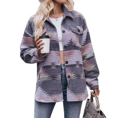 Abrigo Camisero Geométrico con Cuello Alzado y Bolsillos para Mujer - Image 7