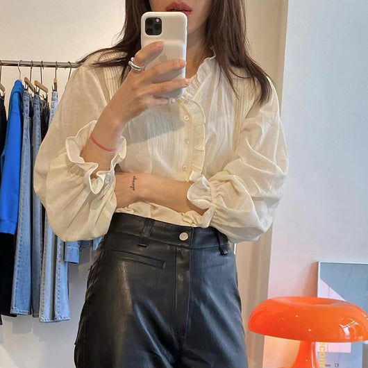 Blusa Elegante Retro Francesa con Encaje y Mangas Largas para Mujer - Image 10
