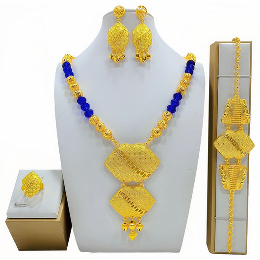 High-end gold-tone bridal wedding jewelry set with necklace, crescent earrings, ring, and bracelet, featuring intricate patterns and clear beads. - Image 12