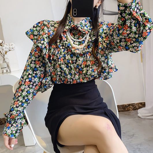 Blusa Floral de Chifón con Cuello de Muñeca y Volantes Encadenados - Image 6