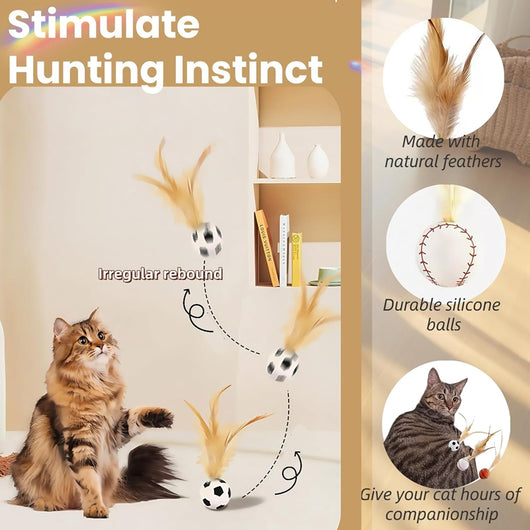 Set of three pet toys: a basketball, baseball, and soccer ball, each with light brown feathers for cats and small dogs. - Image 18