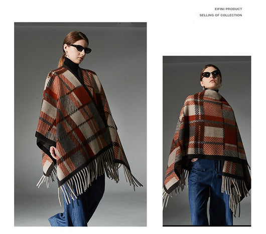Chal Cuadriculado con Borlas Europeo y Americano en Camel - Image 10