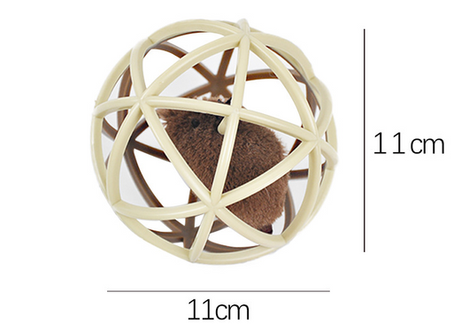 Beige plastic spherical cage pet toy with a brown furry mouse inside, designed for cats. - Image 13