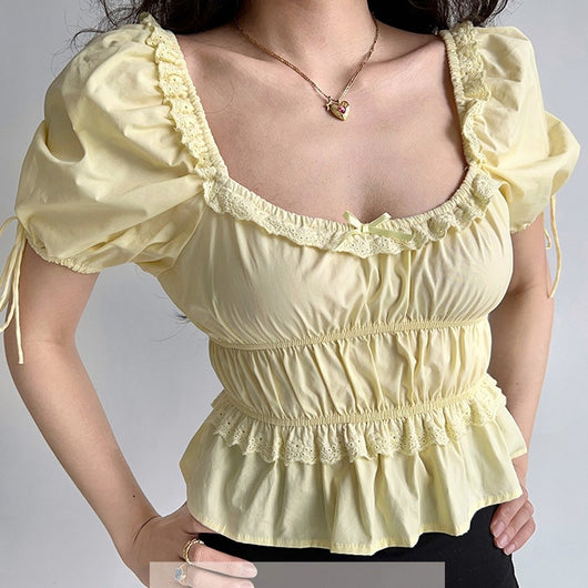 Blusa Retro con Cuello Cuadrado y Mangas Abullonadas de Encaje - Image 3