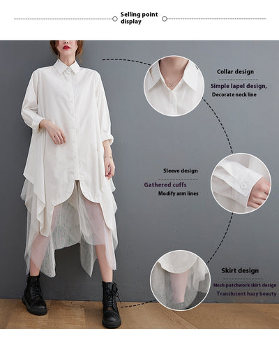 Vestido Camisero Holgado de Doble Capa con Malla Irregular - Image 23