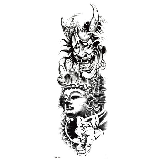 Full arm temporary tattoo sticker with a black, red, and light blue tribal design, featuring abstract shapes and patterns. - Image 43