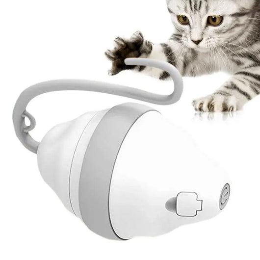 White and grey automatic rolling mouse cat toy with a curved feather teasing stick, showing product dimensions.