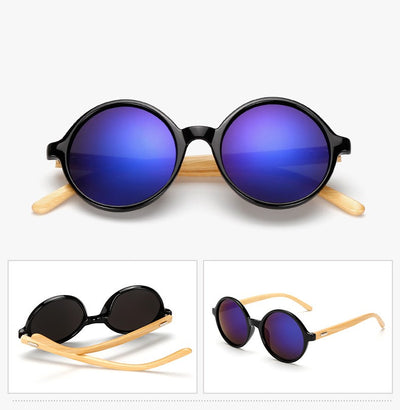 Round black frame sunglasses with gray lenses and light wood bamboo temples, shown from multiple angles. - Image 17