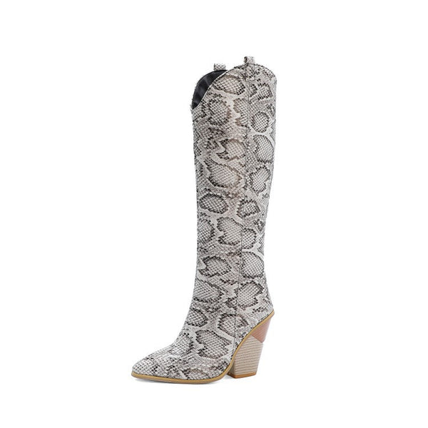 Botas Altas con Estampado de Serpiente y Tacón Grueso Tipo Motociclista - Image 5