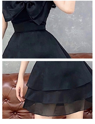 Vestido Negro Elegante con Escote Cuadrado y Falda de Organza con Lazo - Image 6