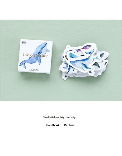 Box of 'Lifelog sticker' whale stickers with various blue whale designs scattered on a light blue plate. - Image 9