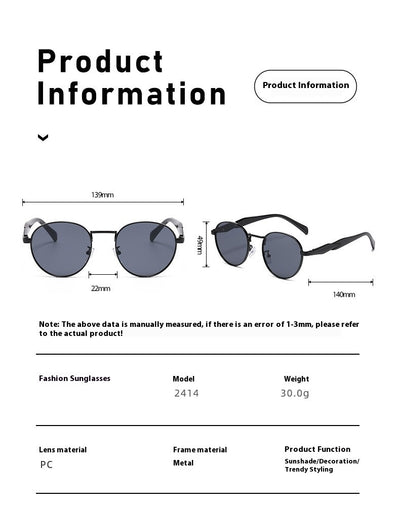Silver metal round frame sunglasses with dark grey lenses and black temples, offering UV protection for women. - Image 16