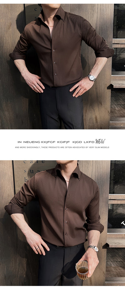 Camisa de Manga Larga con Rayas Oscuras Cuello en V para Hombre - Image 19