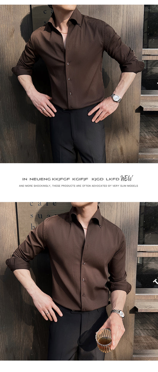 Camisa de Manga Larga con Rayas Oscuras Cuello en V para Hombre - Image 19