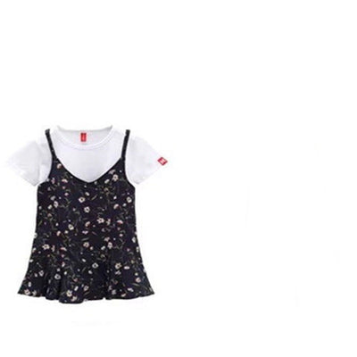 Navy blue short-sleeve t-shirt with a white floral-framed text print paired with light beige elastic-waist shorts. - Image 4