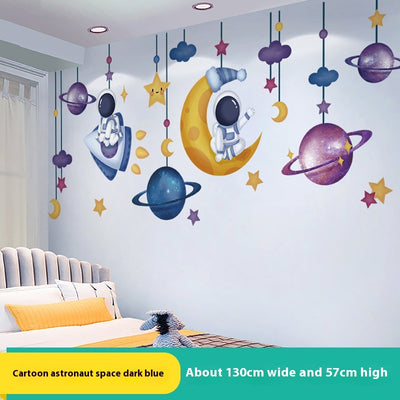 Cartoon astronaut and space station wall stickers with planets, stars, moon, and telescope on a white wall. - Image 4