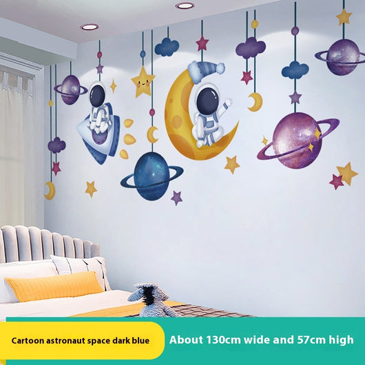 Cartoon astronaut and space station wall stickers with planets, stars, moon, and telescope on a white wall. - Image 4
