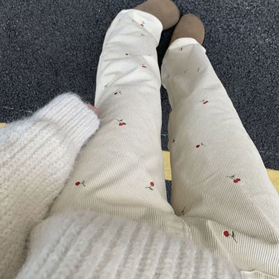Pantalones Rectos de Pana con Bordado de Cereza - Estilo Retro Casual Cómodo - Image 9
