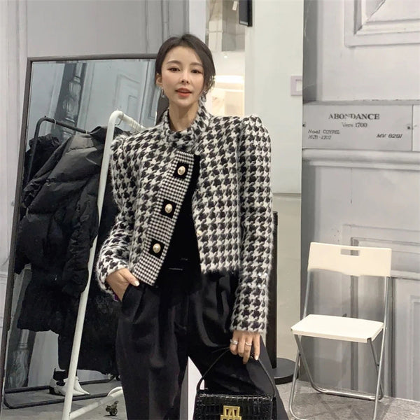 Chaqueta Casual de Lana Pata de Gallo Manga Larga