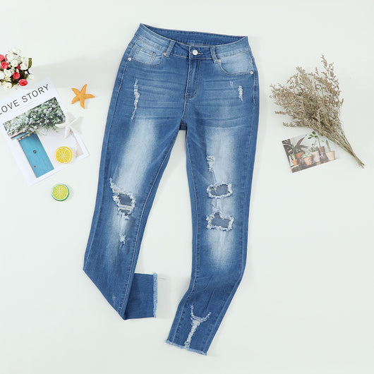 Jeans Cropped Degradado Rotos de Cintura Alta para Mujer - Image 3