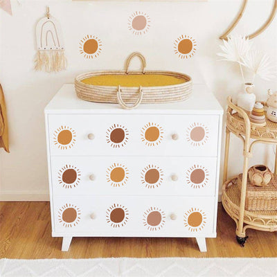 Three sheets of cartoon sun wall stickers, each with six sun designs in shades of brown and orange, showing dimensions. - Image 6