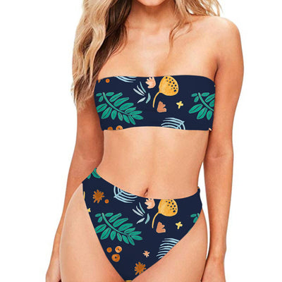 Dark blue two-piece bikini with strapless bandeau top and high-waisted bottom, featuring a tropical leaf and floral print. - Image 6