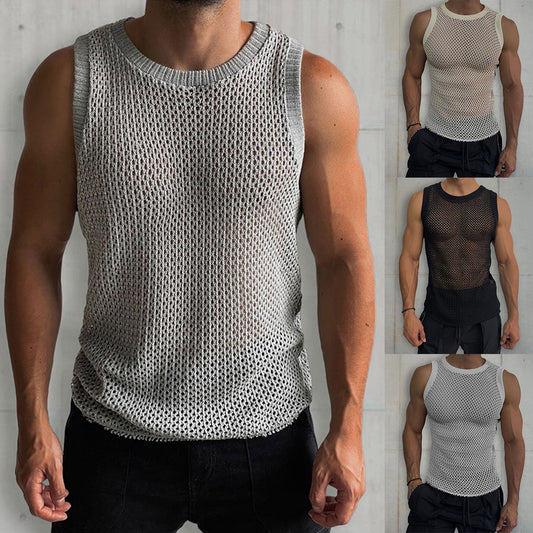 Chaleco Calado de Punto Liso Cuello Redondo sin Mangas