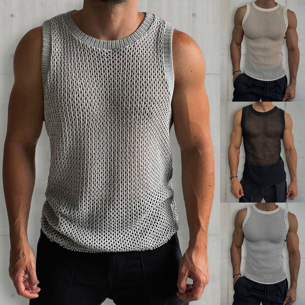 Chaleco Calado de Punto Liso Cuello Redondo sin Mangas