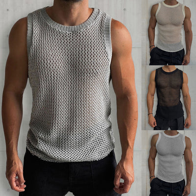 Chaleco Calado de Punto Liso Cuello Redondo sin Mangas