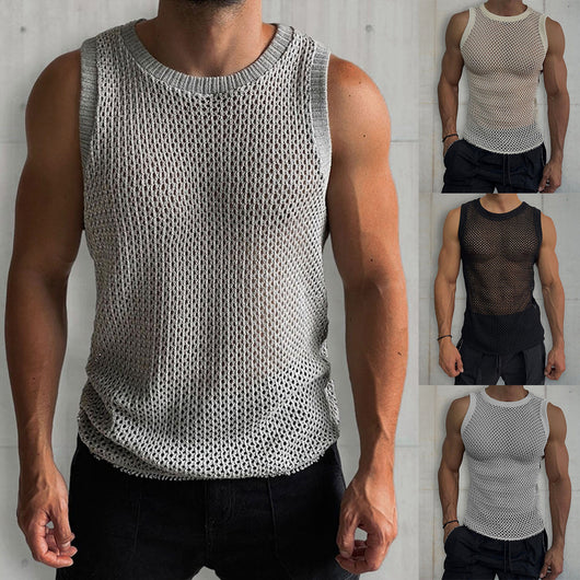 Chaleco Calado de Punto Liso Cuello Redondo sin Mangas