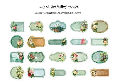 60-piece retro floral writable sticker package with 20 unique vintage garden label designs in various shapes and colors. - Image 3