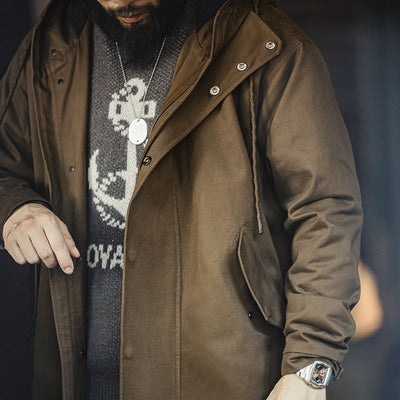 Chaqueta Cortaviento Estilo Militar con Capucha y Forro Polar Algodón Puro Largo para Hombre Otoño - Image 7