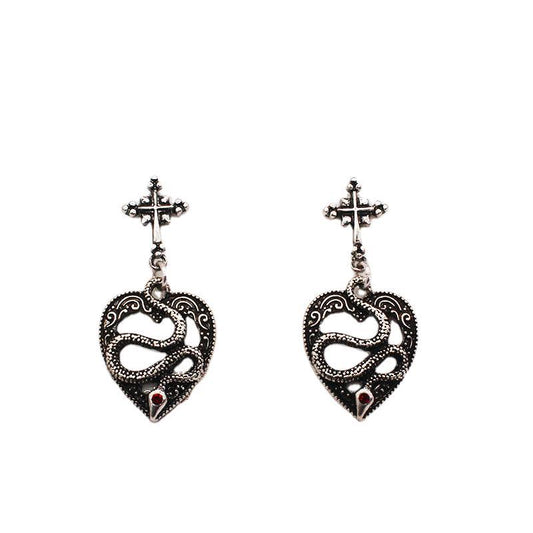 Aretes de Plata Antigua con Corazón Hueco y Serpiente - Diseño Vintage