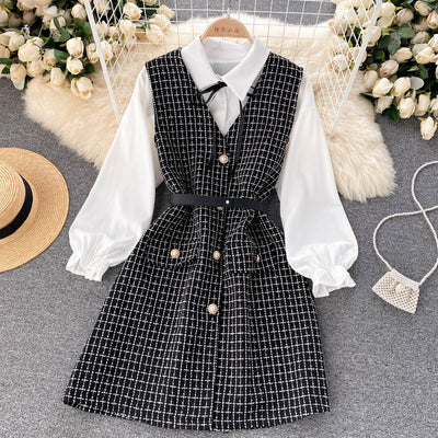 Vestido Houndstooth con Tirantes y Mangas Puff - Image 17