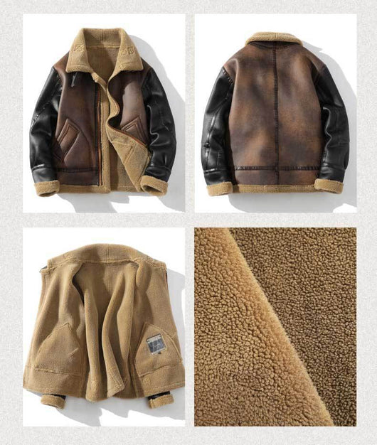 Abrigo de Invierno para Hombre con Cuero, Piel de Cordero y Acolchado Grueso - Image 8