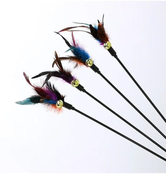 Three cat teaser wands with black sticks, colorful feathers in purple, red, and teal, and small gold bells. - Image 12