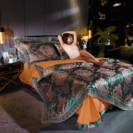 Juego de Sábanas Matrimonial Lujo Europeo Jacquard Dorado con Encaje 4 Piezas - Image 18