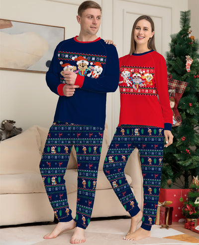 Woman in red Paw Patrol Christmas pajama top and navy fair isle bottoms with Santa Pups and reindeer. - Image 12