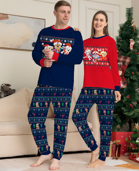 Woman in red Paw Patrol Christmas pajama top and navy fair isle bottoms with Santa Pups and reindeer. - Image 12